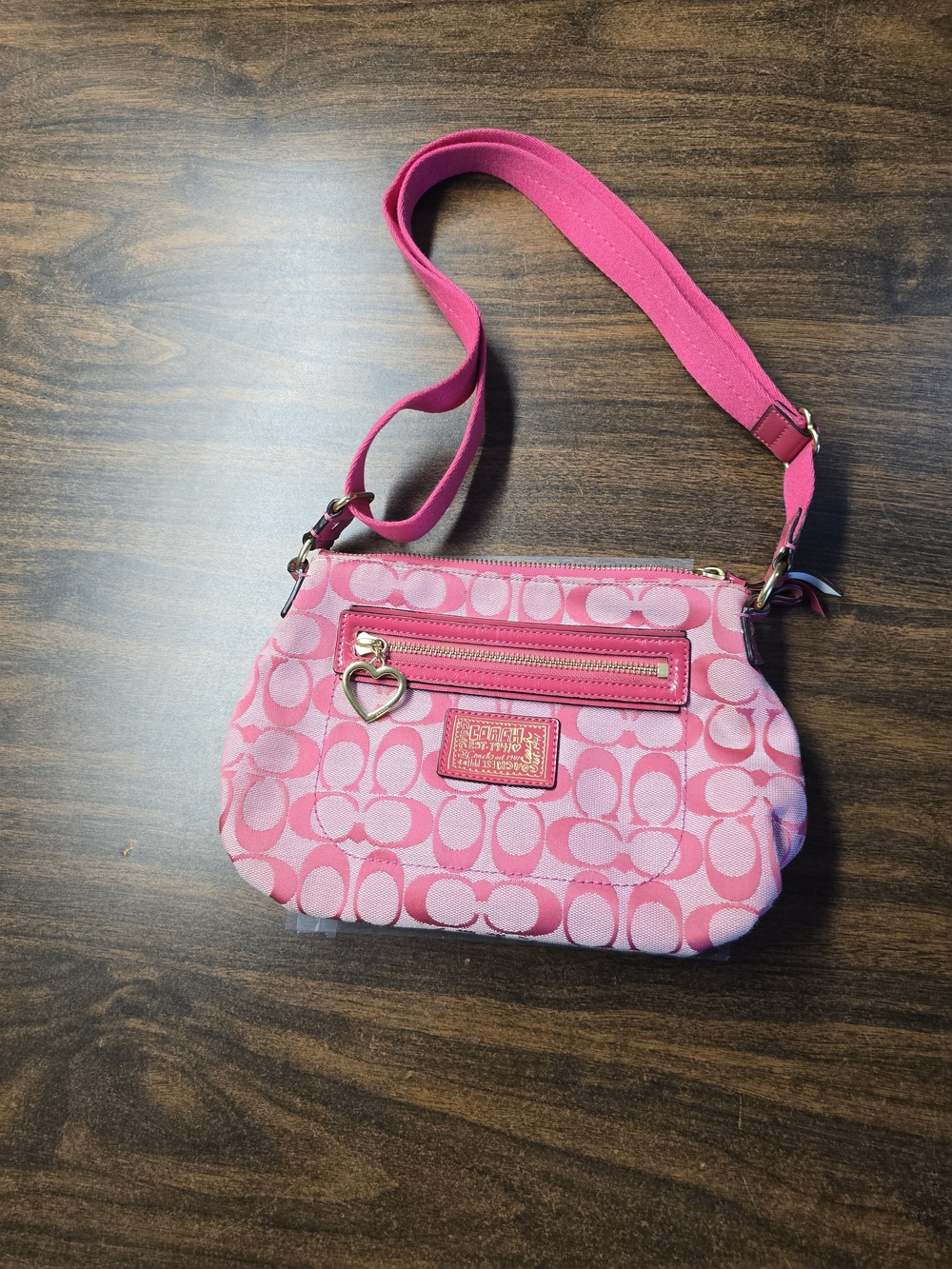 Coach Pink Signature Crossbody Bag with Heart Charm